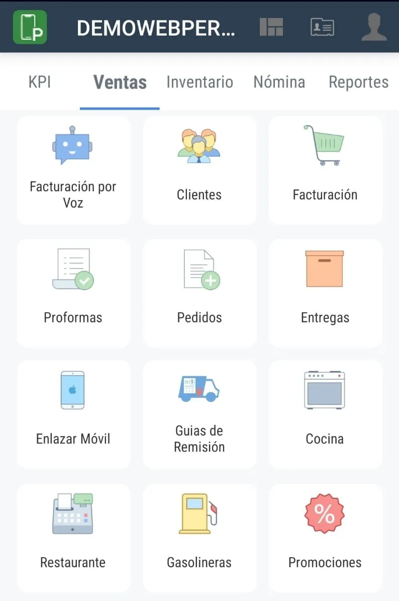 Menú de PerseoMóvil con facturación, clientes, pedidos y guías de remisión