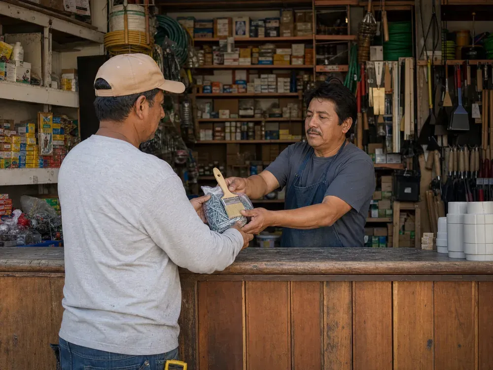 Mostrador de una ferretería ecuatoriana atendiendo a un cliente